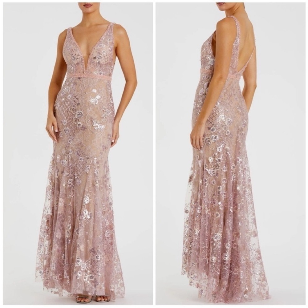 NWT Mac Duggal Pink Floral Embellished Sleeveless Plunge Neck Gown Rose Pink 0